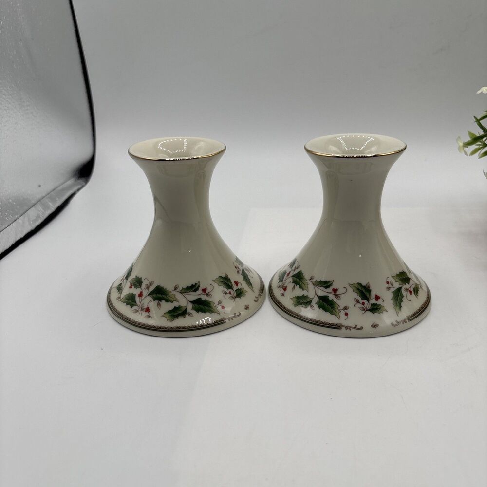 Vtg Royal Limited Holly Holiday China 4" Candle Stick Holders Preown Flaw Japan